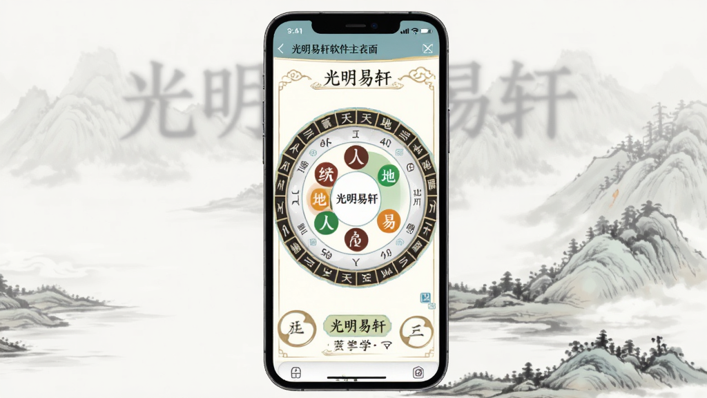一张展示光明易轩软件主界面的手机截图,画面中央是手机屏幕,屏幕内显示光明易轩的排盘界面,包含天干地支、五行属性等传统易学元素,布局整齐,风格简洁古典,背景为淡雅的水墨质感,整体画质清晰干净,无多余元素