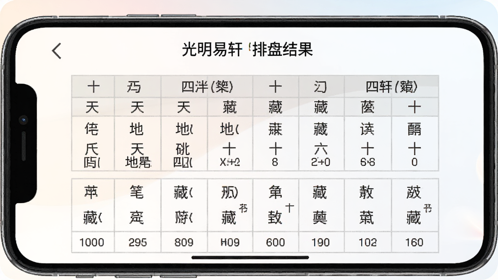 一张展示光明易轩排盘结果页面的图片,画面中手机屏幕显示详细的四柱八字表格,包含天干地支、十神、藏干等数据,排版清晰,风格专业简洁,背景为柔和的浅色渐变,画质清晰,无多余元素