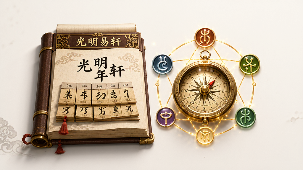 一幅以“光明易轩”为主题的AI生图,画面展示一本展开的传统万年历与一个发光的罗盘,罗盘周围环绕着五行元素符号,布局居中对称,风格古典庄重,细节精致,画质高清,背景干净,无多余元素