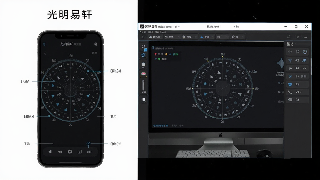 一张展示光明易轩在手机与电脑模拟器上同时运行的对比图,画面左侧为手机显示排盘界面,右侧为电脑模拟器窗口显示相同内容,布局左右对照,风格科技简洁,画质清晰,背景干净,无多余元素