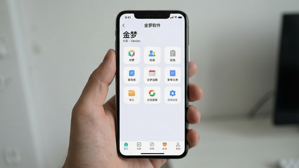 一张展示金梦软件主界面的手机屏幕实拍图,画面中央是简洁的浅色应用界面,顶部显示金梦名称与版本标识,中部排列功能入口图标,底部为导航栏,整体布局清晰,风格现代简约,细节干净,画质清晰,无多余元素