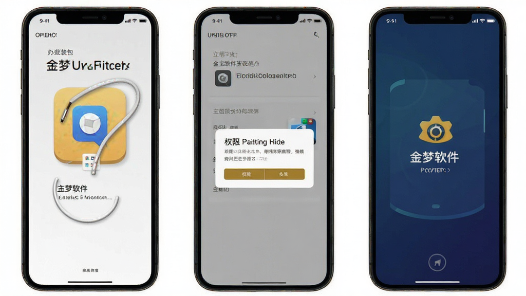 金梦软件安装步骤演示图,画面以手机截屏风格呈现,依次展示打开安装包、权限弹窗、主界面加载三个环节,布局纵向排列,风格直观清晰,细节明确,画质干净