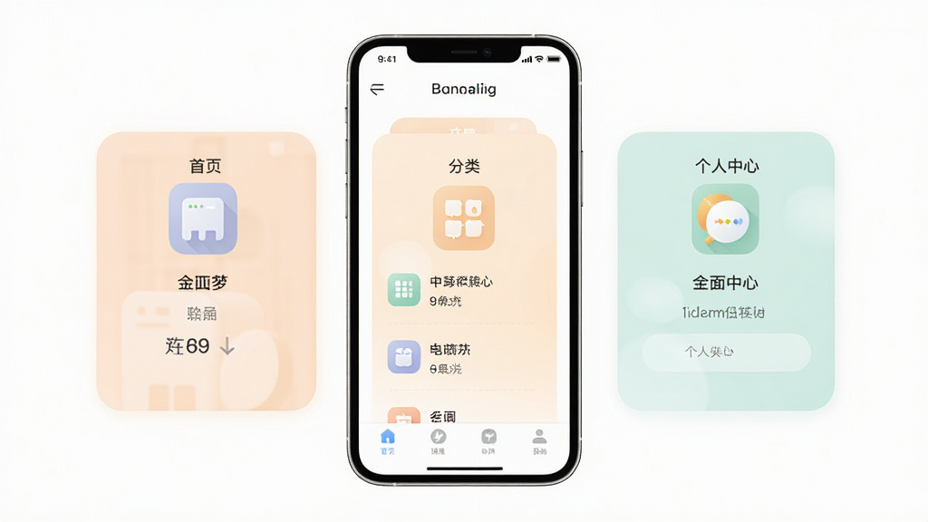金梦软件功能分区示意图,画面以手机屏幕为载体,展示首页、分类、个人中心三个主要板块,配色柔和,图标风格统一,布局规整,风格简洁明快,细节清晰,画质干净