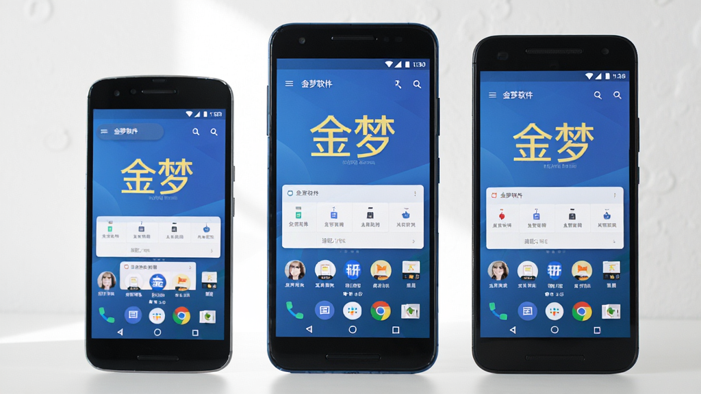 金梦软件运行在多种安卓手机上的适配展示图,画面中并排摆放三台不同尺寸的手机,屏幕均显示金梦界面,背景干净,光线柔和,风格写实,细节丰富,画质清晰