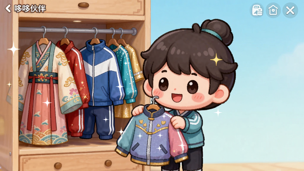 ����չʾ���߶߻�顱APP�ĸ��Ի�װ����棬һ���ɰ��Ŀ�ͨ��ɫվ���¹�ǰ���¹�������˸��ַ��ķ�װ���纺�����˶������������ɫ��������һ���·������Դ�������Ϊ��ɫ���У��¹�����ࡣ���Ϊ��ϵ��ͨ���ɫ������������ϸ�����·�������������������Ч�����ʸ��壬����ɾ����޶���Ԫ�ء�