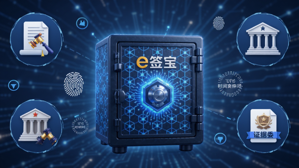 画面主体为一个发光的数字保险箱,箱体表面有区块链纹理和“e签宝”标志,保险箱周围环绕着公证处、法院、仲裁委的图标,布局为中心对称,风格为法律安全主题,细节包括数字指纹、时间戳水印、证据文件图标,画质清晰,干净,无多余元素