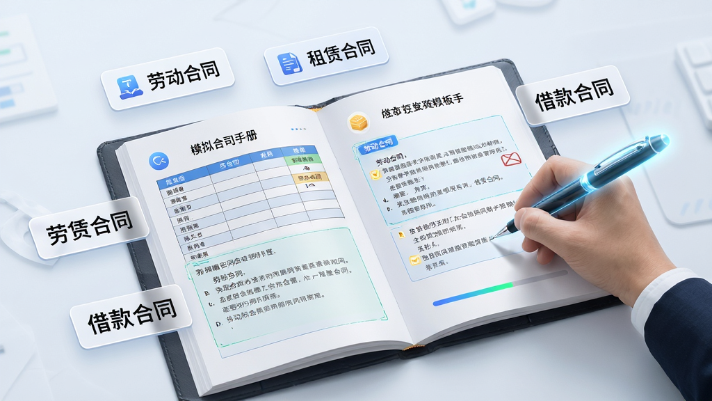 画面中央是一本打开的虚拟合同模板手册,页面中显示表格和条款文字,周围漂浮着“劳动合同”“租赁合同”“借款合同”等标签卡片,右侧有一支发光的智能笔正在自动填写内容,布局为左右结构,风格为智能办公主题,细节包括模板分类图标、填写区域高亮、进度条,画质清晰,干净,无多余元素