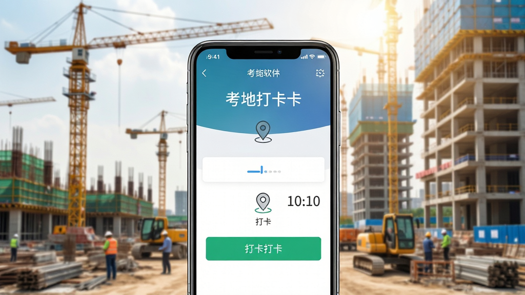 工地考勤软件主界面展示,画面中心是一部智能手机,屏幕上显示着清晰的中文考勤打卡界面,背景是繁忙但有序的建筑工地,有塔吊和正在建设的大楼,阳光明媚,构图采用三分法,风格为写实科技风,细节包括手机屏幕上的打卡按钮、定位图标和时间显示,画质清晰,干净,无多余元素。
