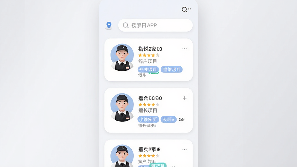 画面主体为指悦到家APP的技师列表页面,展示多位技师卡片,每张卡片包含头像、评分星级和擅长项目标签,页面顶部有定位图标和搜索栏,背景为浅灰色渐变,构图采用纵向瀑布流布局,风格为清新扁平化UI设计风,细节包括圆角卡片和柔和阴影,画质高清干净,无多余装饰元素。