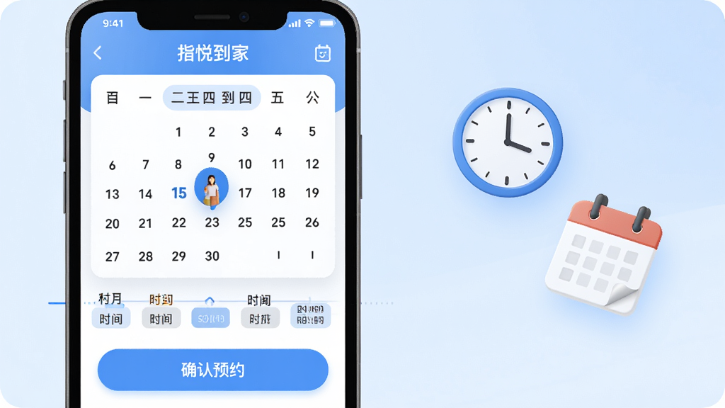 画面展示指悦到家APP的预约界面,日历控件突出显示可选日期,时间轴上有多个时段标签,下方有确认预约按钮,画面右侧漂浮着时钟和日历图标,背景为淡蓝色渐变,构图采用上下分层布局,风格为现代商务简洁风,细节包括清晰的文字层级和圆角按钮,画质清晰,画面干净无杂乱元素。