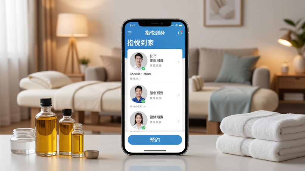 画面中央展示一部智能手机,手机屏幕上显示指悦到家APP首页界面,界面中有技师头像列表和预约按钮,手机周围环绕着按摩床、精油瓶、毛巾等健康服务元素,背景为温馨的居家客厅环境,构图采用居中对称布局,风格为现代简约写实风,细节包括柔和的暖色灯光和干净的家居陈设,画质清晰锐利,画面干净整洁无多余元素,整体传达便捷上门健康服务的氛围。