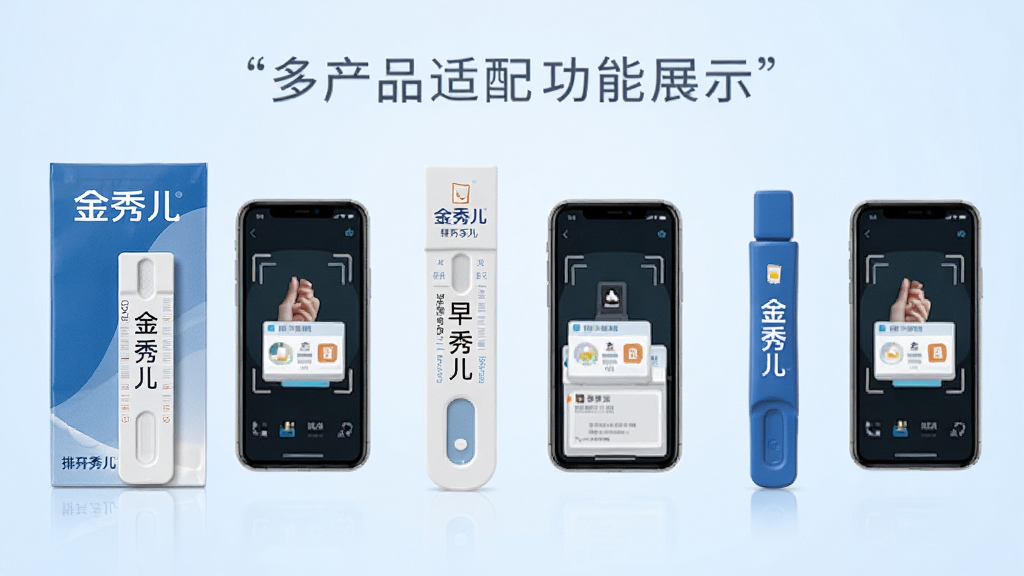 金秀儿多产品适配功能展示,画面中并排摆放金秀儿排卵试纸、早孕试纸和验孕棒三种产品,每款产品旁边有对应的手机识别界面小图,背景为淡蓝色渐变,布局整齐有序,风格简洁专业,细节上产品包装清晰可见“金秀儿”品牌标识,画质干净高清