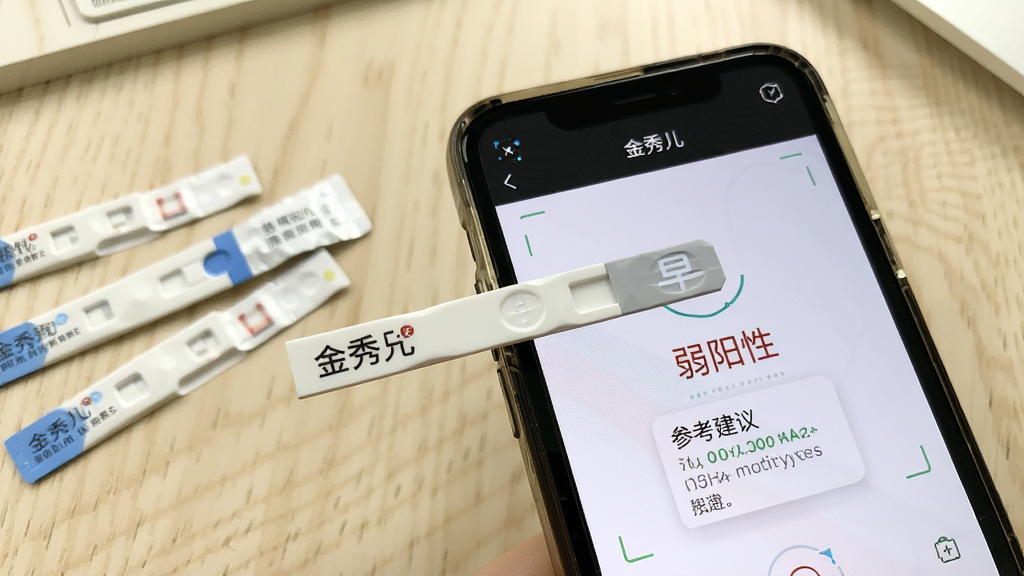 金秀儿试纸智能识别功能展示,画面中一部手机正对着一根金秀儿早孕试纸,手机屏幕显示识别结果界面,标注有“弱阳性”字样和参考建议,背景为浅色桌面,旁边散落几根未使用的试纸包装,整体风格写实清晰,光线明亮,画质细腻,无杂乱物品