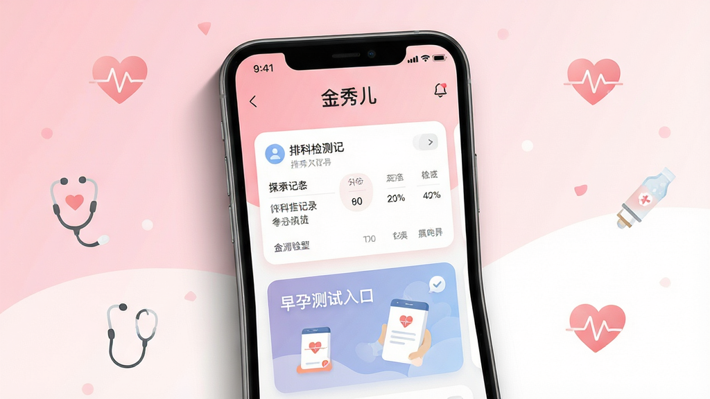 金秀儿App主界面展示,画面中央是一部智能手机,屏幕显示金秀儿软件首页,包含排卵检测记录卡片和早孕测试入口,背景为柔和的粉色与白色渐变,周围点缀简约的医疗健康图标,整体布局干净整洁,风格清新现代,细节上手机边缘有轻微阴影,屏幕内文字清晰可见“金秀儿”字样,画质高清,无多余元素
