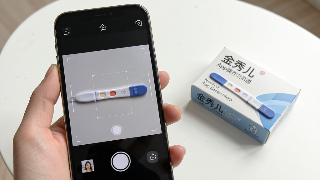 金秀儿App使用操作示意图,画面中一只手拿着手机,屏幕显示试纸拍照识别界面,取景框内有一根早孕试纸,背景为白色桌面,旁边放有金秀儿试纸包装盒,整体风格写实清晰,光线柔和,画质高清,无多余杂物