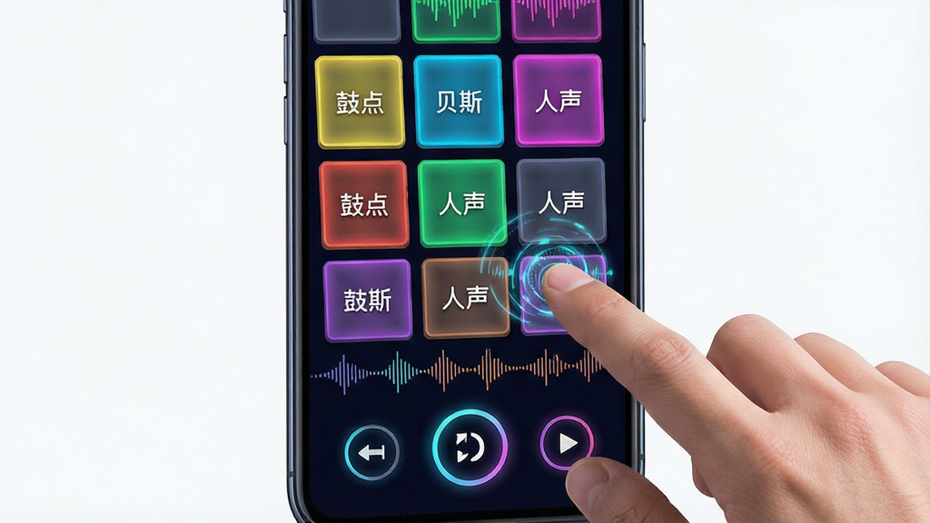 一张展示DJ打碟音效采样功能的图片,画面中手机屏幕显示多个彩色打击垫方块,每个方块上标注不同的音效名称如“鼓点”“贝斯”“人声”,屏幕下方有循环控制按钮,主体为手机与打击垫界面,布局网格状排列,排版整齐,风格为霓虹色彩科技风,细节包括按钮发光效果、音波纹理、手指点击动作,画质清晰干净,无多余元素