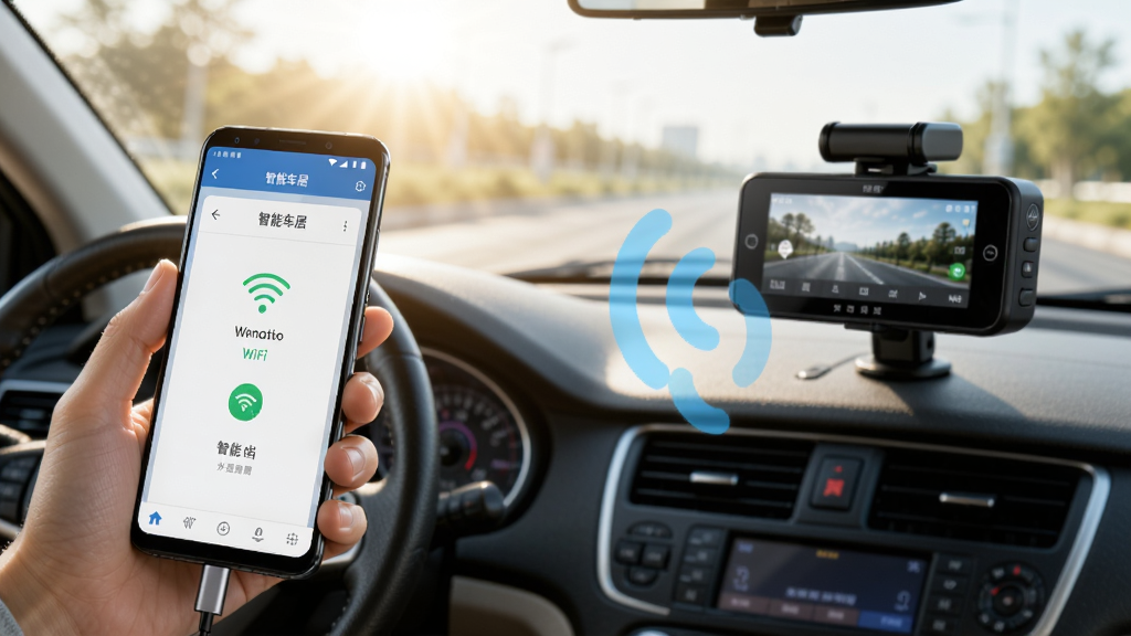 一部安卓手机通过WiFi无线连接行车记录仪的场景图,画面左侧是手持手机的用户,手机屏幕上显示“智能车居”APP的WiFi连接界面,右侧是一台安装在汽车挡风玻璃上的行车记录仪,两者之间用淡蓝色的无线信号波纹连接,背景是汽车内部驾驶舱视角,阳光透过前挡风玻璃照射进来,整体风格为写实科技感,画面明亮通透,高清画质,构图简洁