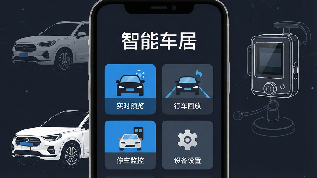 一张展示智能车居应用主界面的手机屏幕截图,画面中央是深色背景的APP首页,顶部显示“智能车居”四个白色大字,下方排列着“实时预览”“行车回放”“停车监控”“设备设置”四个功能卡片图标,每张卡片带有简洁的车载主题插画,手机周围环绕着一辆白色SUV和一台行车记录仪设备的线描示意图,整体风格为科技蓝与深空灰配色,扁平化UI设计,画面干净整洁,高清画质,无多余元素