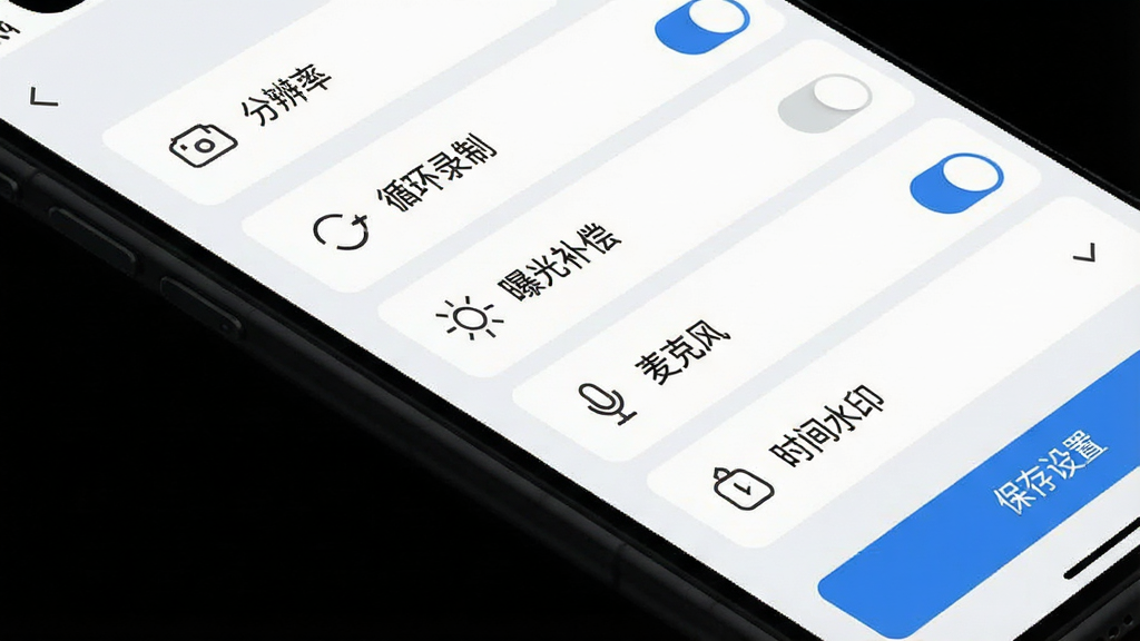 智能车居APP的设备设置界面截图,画面中显示多个设置选项卡片,包括“分辨率”“循环录制”“曝光补偿”“麦克风”“时间水印”等条目,每个条目右侧有开关按钮或下拉选择框,界面采用浅色主题,图标为简约线性风格,手机屏幕下方显示“保存设置”蓝色按钮,整体布局清晰有序,风格为扁平化UI设计,高清画质,画面干净