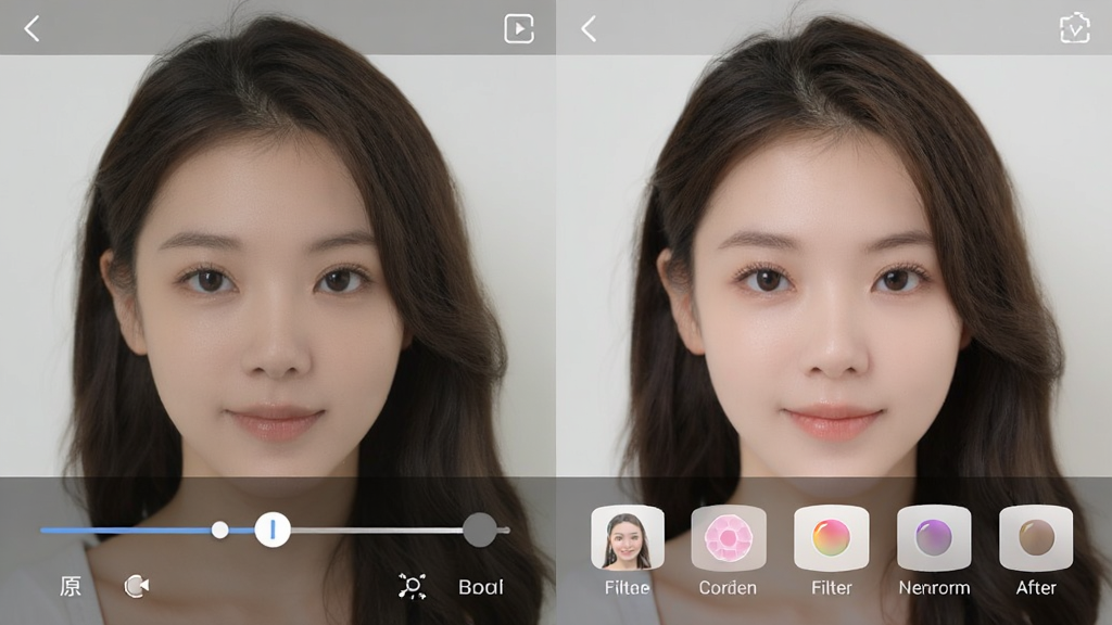 像塑软件美颜功能界面截图,画面展示手机屏幕上的美颜调节滑块和滤镜预览效果,左侧是原图,右侧是美颜后的效果对比,风格简洁专业,细节包括滑块、对比图、滤镜名称,画质清晰,干净,无多余元素