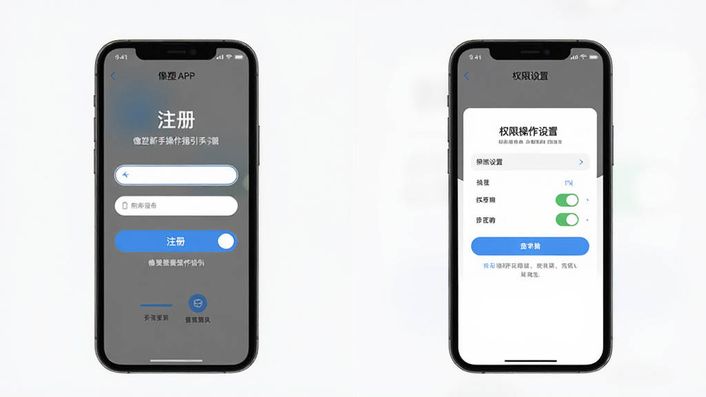像塑新手操作指引图,画面展示手机屏幕上像塑APP的注册登录界面和权限设置页面,风格简洁明了,细节包括注册按钮、权限开关、提示文字,画质清晰,干净,无多余元素