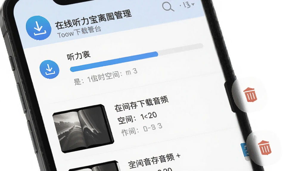 主体为英语听力宝应用离线下载管理界面,布局为手机屏幕内展示下载进度条与已缓存音频列表,排版为列表式,风格为简约实用工具风,细节包括下载箭头图标、存储空间提示、删除按钮,画质清晰干净无多余元素