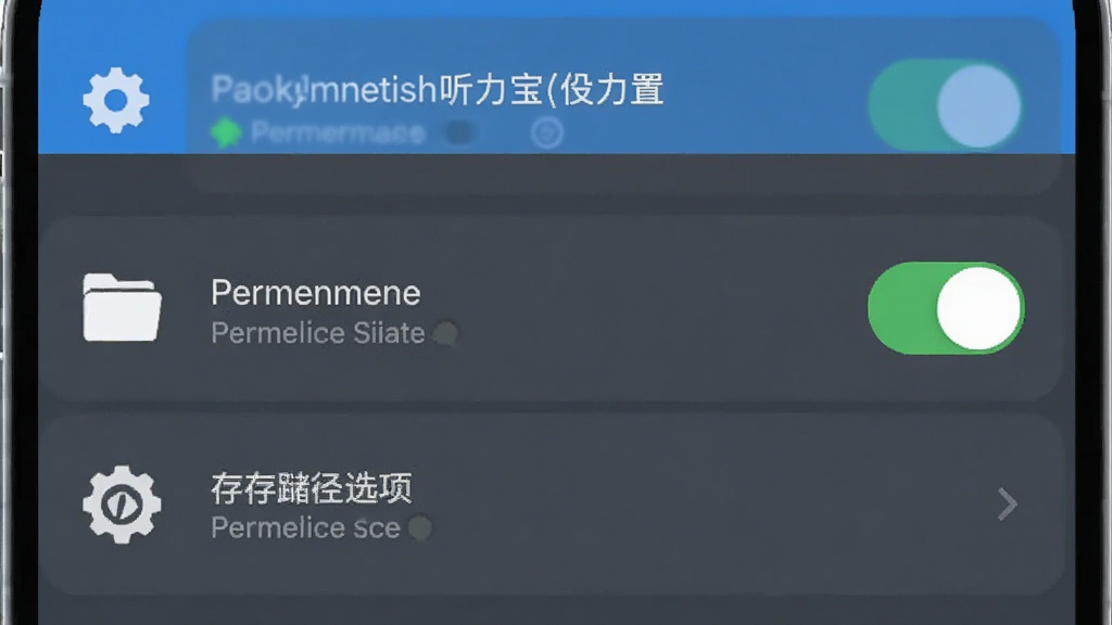 主体为英语听力宝应用设置页面,布局为手机屏幕内展示权限开关与存储路径选项,排版为分组列表式,风格为清爽工具类界面,细节包括齿轮图标、文件夹图标、权限状态标识,画质高清干净无多余元素