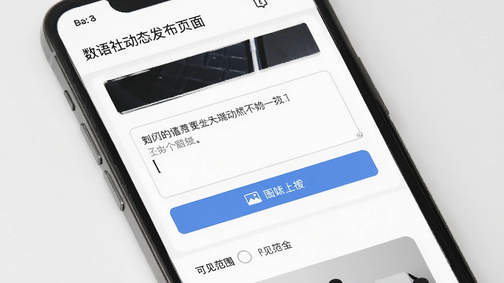 数语社动态发布页面,手机屏幕展示图文编辑界面,包含文字输入框、图片上传按钮和可见范围选项,背景为白色与浅灰色搭配,风格简约实用,细节清晰,画质干净,无多余元素