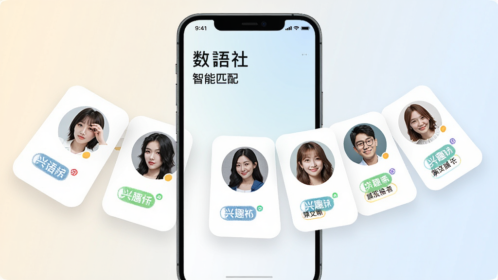 数语社智能匹配推荐功能界面,手机屏幕显示多个用户头像卡片以弧形排列,卡片上带有兴趣标签,背景为浅色渐变,风格简洁明快,细节清晰,画质干净,无多余元素