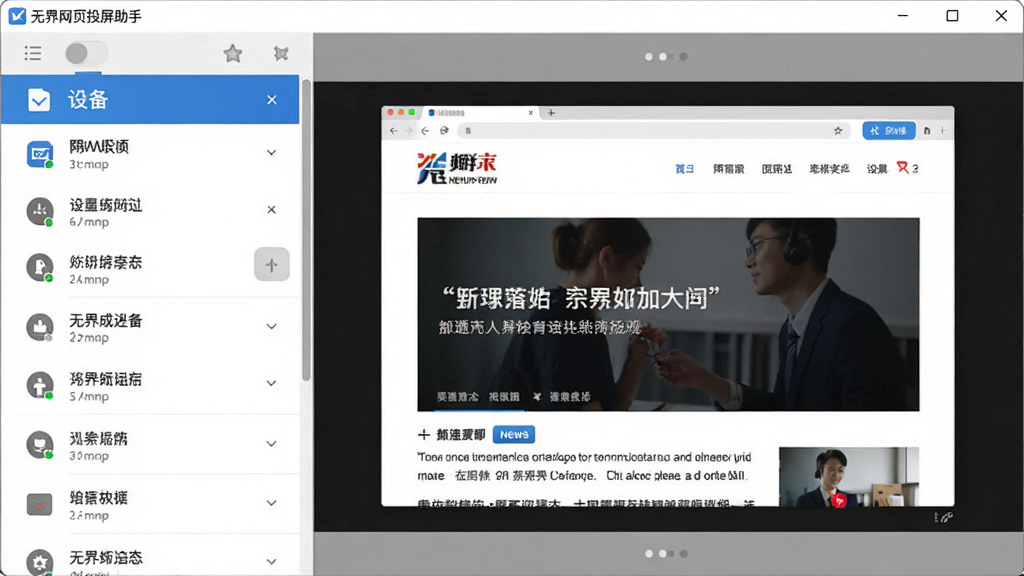 无界网页投屏助手软件界面截图,左侧为设备列表,右侧为网页投屏预览窗口,界面显示正在投屏的新闻网页,排版整齐,字体清晰,蓝白灰配色,扁平化设计风格,画质锐利干净