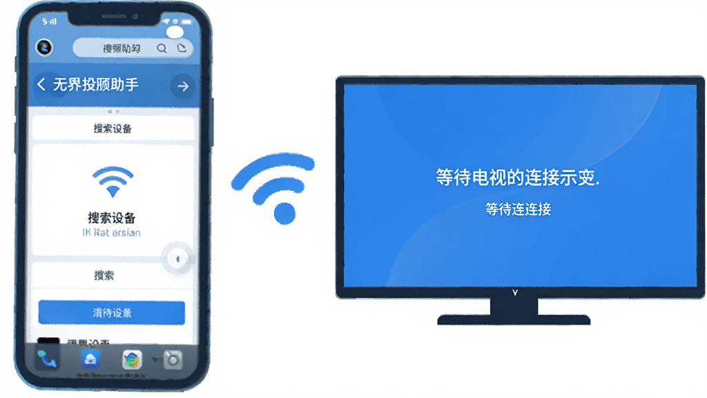 手机与电视投屏连接示意图,手机显示无界网页投屏助手搜索设备界面,电视显示等待连接画面,中间有WiFi信号图标连接,简洁扁平风格,蓝白配色,画质清晰干净