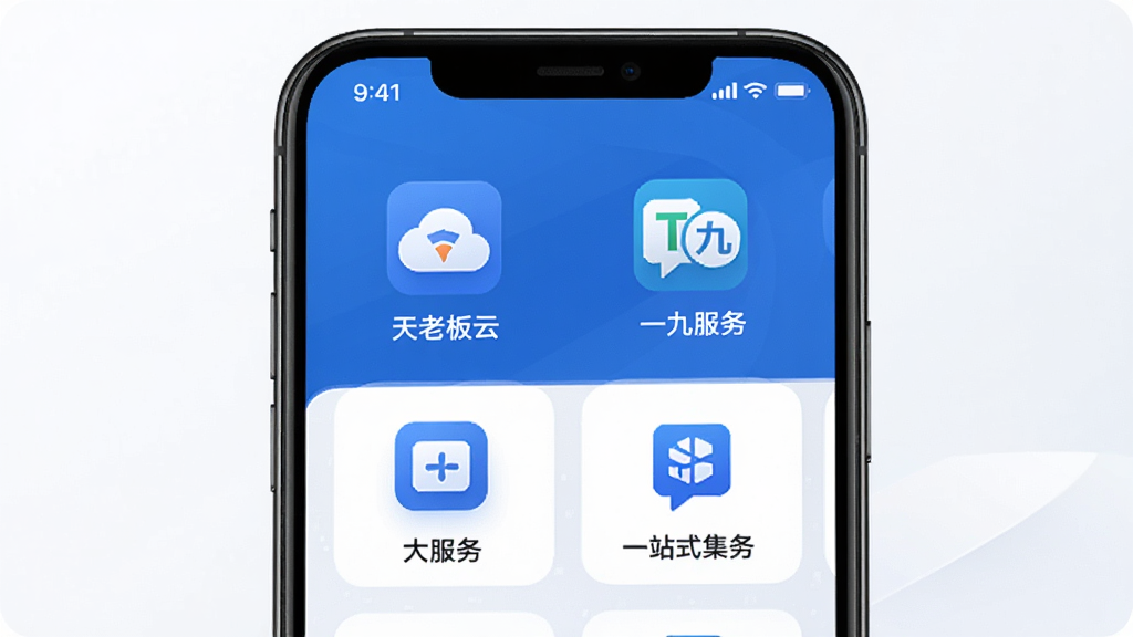 天九老板云 企业服务一站式集成 主体为手机屏幕 布局为居中 排版为上下结构 风格为商务服务风 细节为屏幕中显示多个企业服务图标和功能入口 画质高清 干净 无多余元素