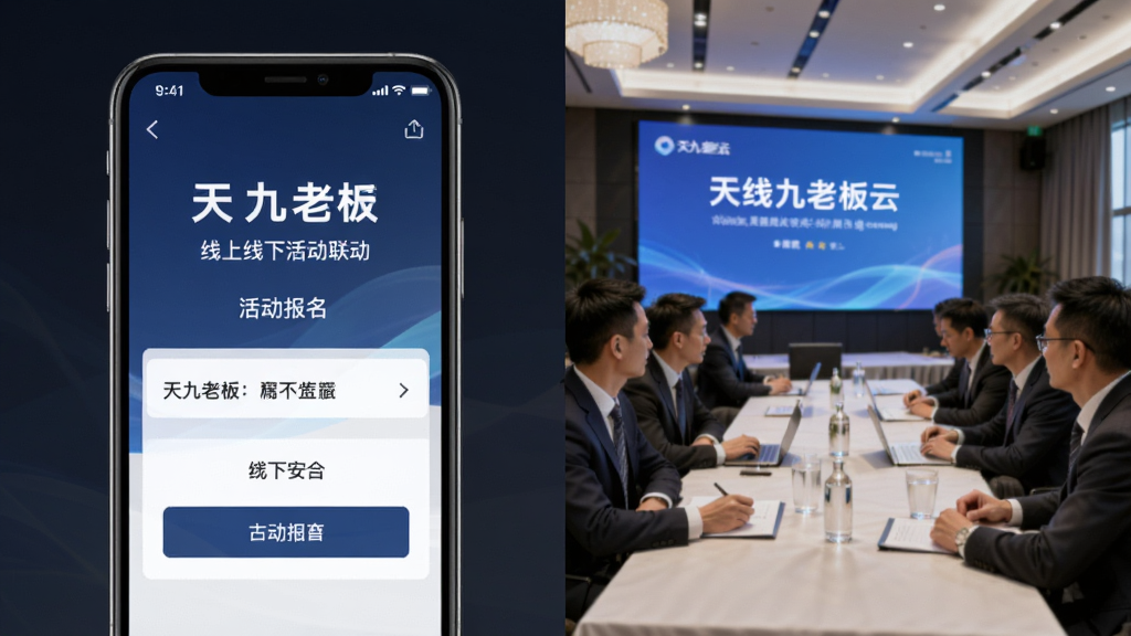 天九老板云 线上线下活动联动 主体为手机屏幕和活动场景 布局为左右对比 排版为并列结构 风格为商务活动风 细节为屏幕中显示活动报名页面和线下会议场景 画质高清 干净 无多余元素