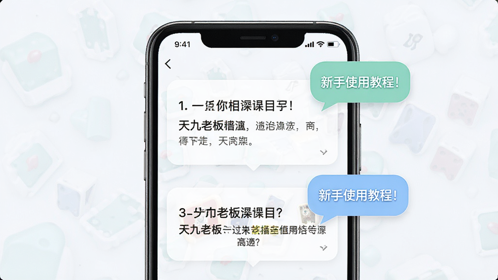 天九老板云 新手使用教程 主体为手机屏幕 布局为居中 排版为上下结构 风格为清新简约风 细节为屏幕中显示操作步骤指引和提示气泡 画质高清 干净 无多余元素
