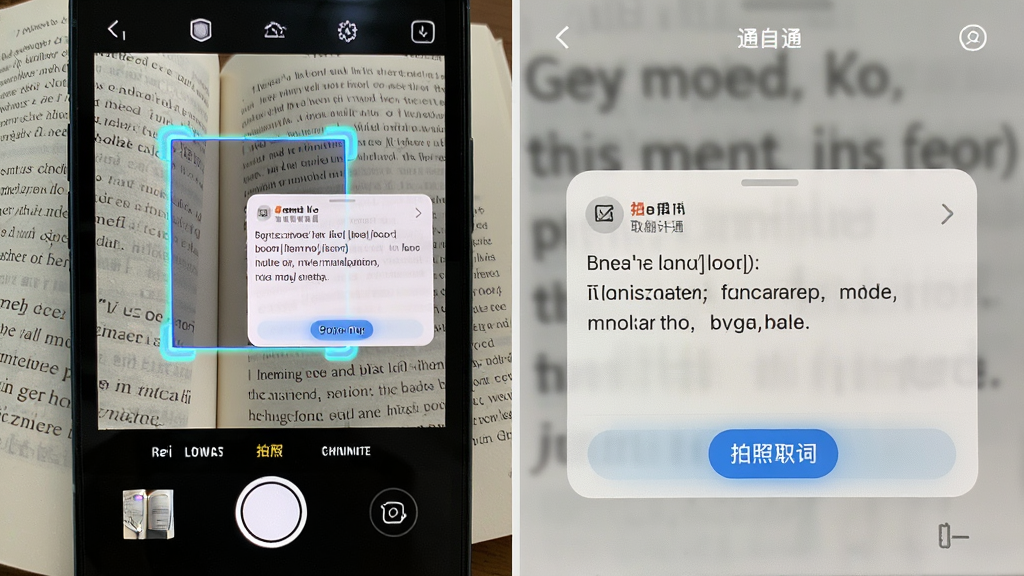 英语翻译通拍照取词功能展示,主体为手机摄像头对准一本英文书籍,屏幕中英语翻译通界面显示识别框与译文浮层,布局为取景框与翻译结果并列,排版突出拍照按钮与识别区域,风格为科技感写实风,细节包括书页文字、识别高亮框、译文卡片,画质高清,干净,无多余元素
