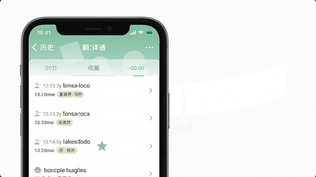 英语翻译通历史记录与收藏界面展示,主体为手机屏幕中的英语翻译通应用,画面显示历史翻译列表与收藏夹标签,布局为上下结构,排版采用列表式,风格为清爽素雅风,细节包括时间戳、语言标签、收藏星标,画质高清,干净,无多余元素