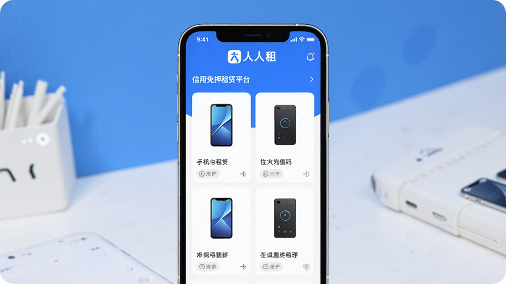 人人租 手机APP界面展示 信用免押租赁平台 数码产品在线租赁 打开的手机屏幕显示各类数码产品租赁列表 顶部有人人租品牌标识 背景为简洁蓝白色调 主体突出手机界面 布局居中 排版清晰 风格现代简约 细节丰富 画质高清 干净 无多余元素