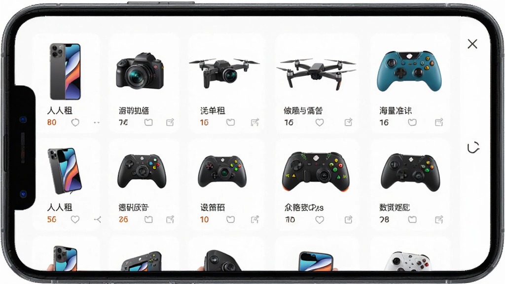 人人租 海量数码产品租赁商城界面 手机屏幕展示各类数码产品分类 包括手机相机无人机游戏机等 界面整洁有序 背景为白色 主体为手机APP界面 布局居中 排版规整 风格清爽简约 细节丰富 画质高清 干净 无多余元素