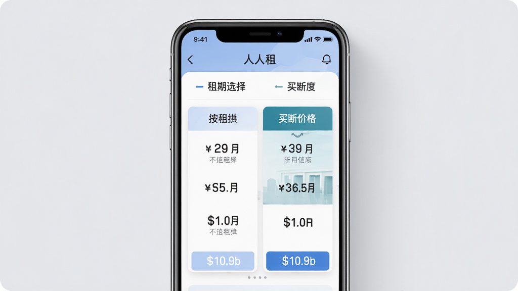 人人租 租期选择与买断界面 手机展示不同租期方案对比 包含按月租赁和买断价格 界面有清晰的价格标注 背景为浅灰色 主体为手机屏幕 布局居中 排版整齐 风格商务简洁 细节清晰 画质高清 干净 无多余元素