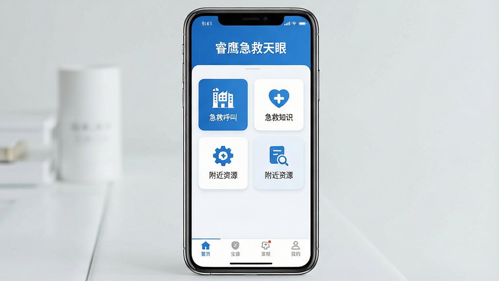一张手机屏幕展示睿鹰急救天眼软件主界面的场景图,画面中央是手机正视图,屏幕内显示软件首页布局,顶部有软件名称“睿鹰急救天眼”字样,中部排列着急救呼叫、急救知识、附近资源等功能图标按钮,底部有导航栏,整体布局清晰,风格简洁现代,配色以蓝白为主,背景干净无多余元素,画质清晰,细节丰富,整体呈现专业医疗健康类App的视觉感受