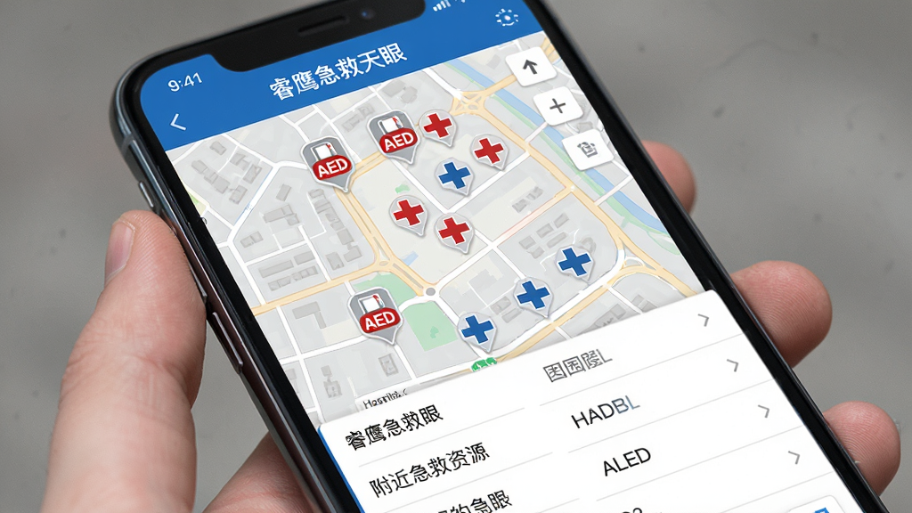 手机屏幕显示睿鹰急救天眼软件的附近急救资源地图界面,画面中是一张城市街道地图,地图上标注着多个AED设备图标和医院十字图标,底部有列表展示距离和名称,整体风格简洁清晰,配色以浅灰和蓝色为主,画质干净,无多余装饰,突出地图信息的可读性