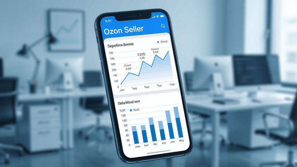 手机屏幕显示Ozon Seller的数据分析页面,包含折线图和柱状图,数据清晰可读,背景是简约的办公环境,整体色调偏冷色系,风格专业商务,画质锐利,干净无多余元素