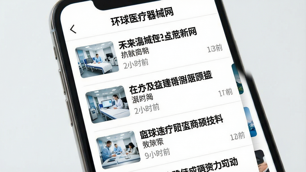 一张展示行业资讯列表界面的AI生图,画面主体为手机屏幕内滚动显示的多条资讯标题,每条标题左侧配有小缩略图,布局为垂直列表结构,风格为现代新闻类APP界面,细节包括标题文字加粗和时间戳灰色显示,画面顶部导航栏显示“环球医疗器械网”字样,画质清晰,干净,无多余元素