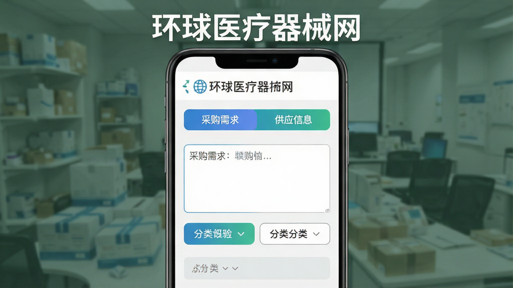 一张展示供求信息发布界面的AI生图,画面中央为手机应用发布表单截图样式,包含“采购需求”“供应信息”两个选项卡,下方有文本输入框和分类选择按钮,布局为上下结构,风格为简约商务风,细节包括按钮的渐变色彩和输入框的浅灰边框,画面顶部带有“环球医疗器械网”标题文字,画质高清,干净,无多余元素