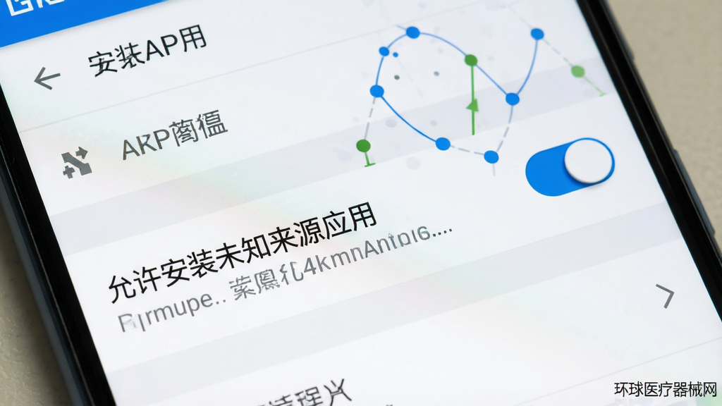 一张展示安卓手机安装APK文件时权限设置界面的AI生图,画面主体为手机屏幕显示“允许安装未知来源应用”的开关按钮,布局为设置菜单列表样式,风格为安卓系统原生界面风格,细节包括开关按钮的蓝色高亮状态和下方灰色说明文字,画面角落带有“环球医疗器械网”小字标识,画质高清,干净,无多余元素