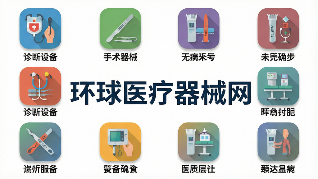 一张展示医疗器械产品分类网格的AI生图,画面主体为整齐排列的彩色分类图标,每个图标下方有简要文字标注如“诊断设备”“手术器械”等,布局为4列3行的网格结构,风格为扁平化商务插画,细节包括图标圆角处理和轻微投影,画面中醒目位置带有“环球医疗器械网”文字标识,画质清晰,干净,无多余元素