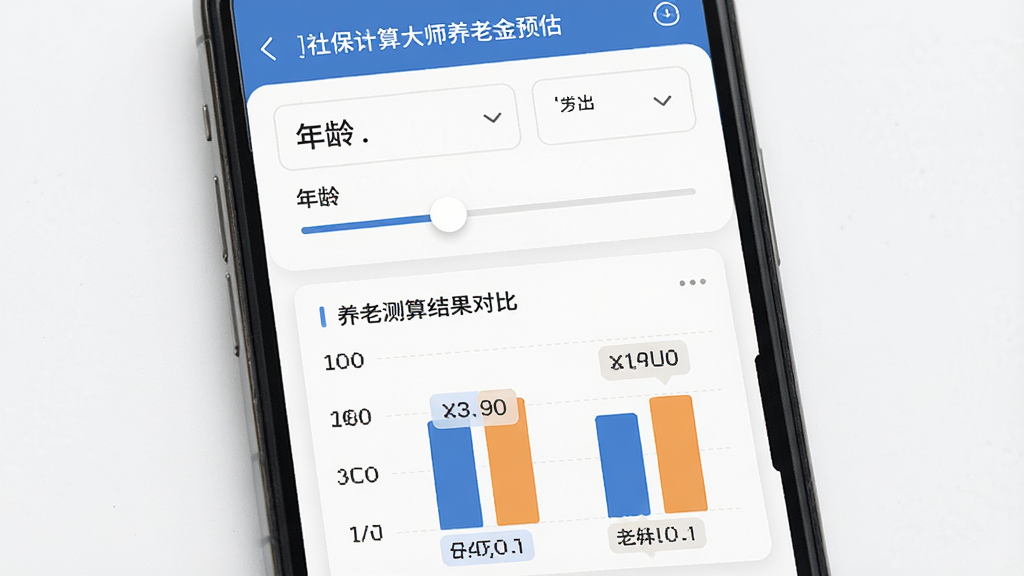一张展示社保计算大师养老金预估功能的预览图,主体为手机屏幕中显示养老金测算结果与对比柱状图,布局为上方输入区域下方结果展示,排版整齐,风格为清爽商务风,细节包含年龄滑块、柱状图、数字标签、干净背景,画质高清,干净,无多余元素