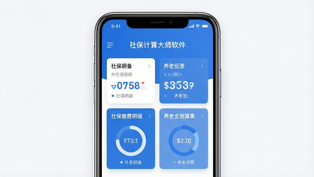 一张展示社保计算大师软件界面的预览图,主体为手机屏幕中显示社保缴费明细与养老金测算结果,布局采用居中展示,排版为上下结构上方标题下方数据卡片,风格为现代简约科技风,细节包含蓝色主色调、数字清晰、图表圆环、干净背景,画质高清,干净,无多余元素
