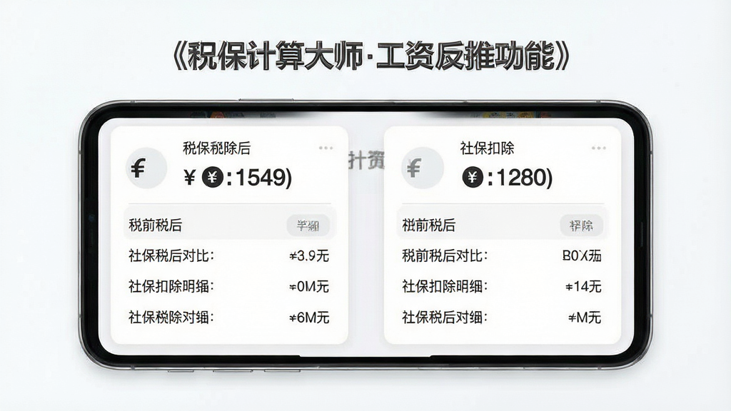 一张展示社保计算大师工资反推功能的预览图,主体为手机屏幕中显示税前税后对比与社保扣除明细,布局为左右对比卡片,排版对称,风格为现代简约风,细节包含人民币符号、数字清晰、扣除项列表、干净背景,画质高清,干净,无多余元素