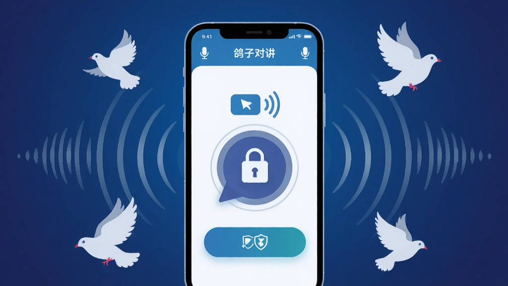 画面中央展示一部智能手机,屏幕上显示“鸽子对讲”应用界面,界面中有醒目的对讲按钮和加密锁图标,手机周围环绕着声波纹理和飞翔的鸽子剪影,背景为深蓝色渐变,布局简洁居中,风格为扁平化科技插画,细节包括麦克风图标、信号波纹、盾牌安全标识,画质清晰干净,无多余元素
